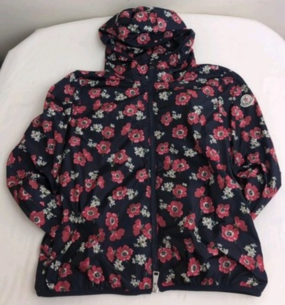 Moncler Womens Black Floral Zip Up Hooded Windbreaker Spring Coat Size 0